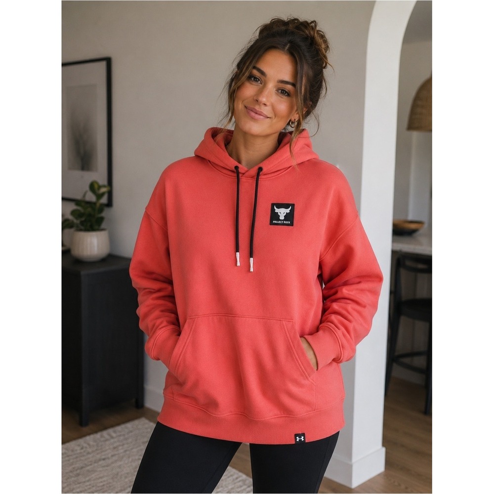 Under Armour Project Rock Hoodie Coral Pink Pullover Sweatshirt Mens Medium NWOT
